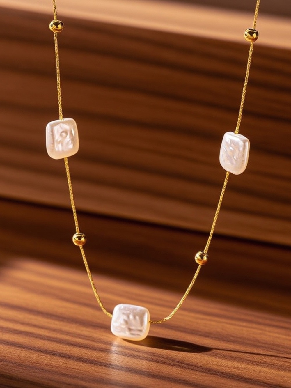 Gold Beaded Necklace with White Baroque Pearls - Women Jewelry